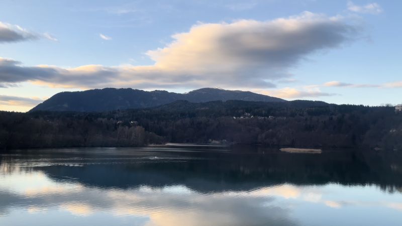 Idyllischer Blick auf einen See mit einem Wald und Berg im Hintergrund