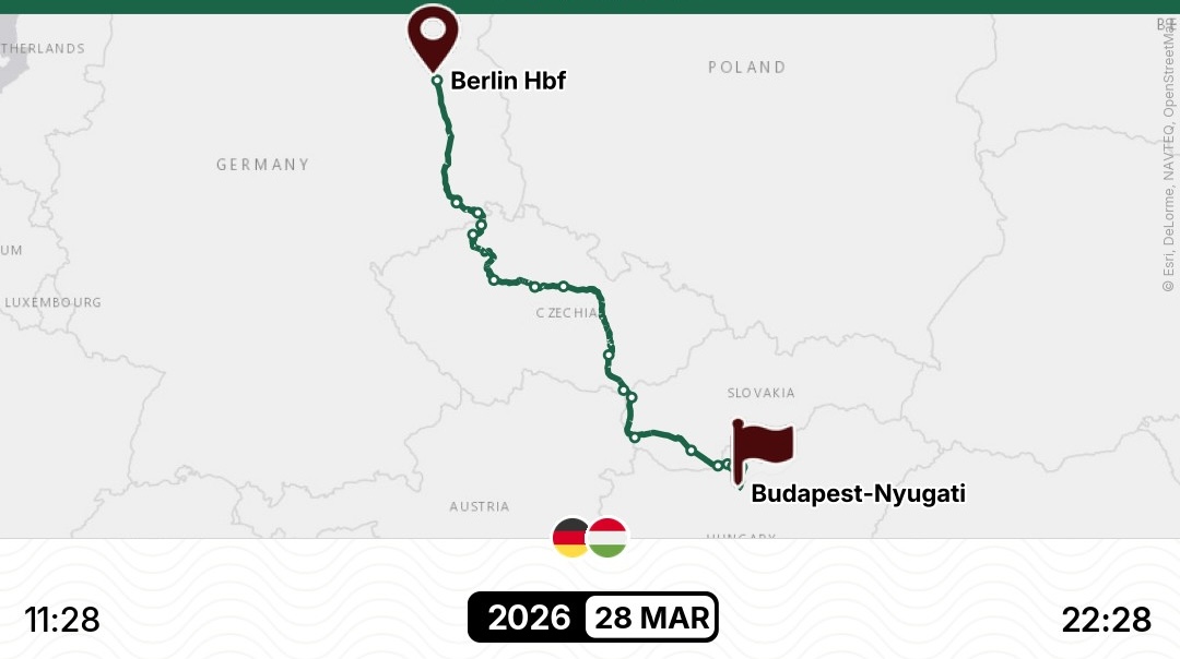 Kartenausschnitt der Bahnstrecke zwischen Berlin Hbf und Budapest-Nyugati