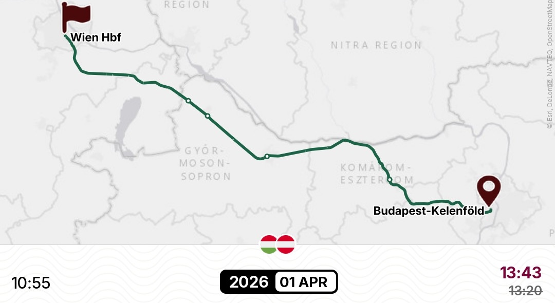 Kartenausschnitt der Bahnstrecke zwischen Budapest-Kelenföld und Wien Hbf