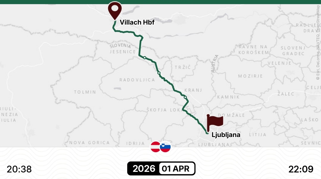 Kartenausschnitt der Bahnstrecke zwischen Villach Hbf und Ljubljana