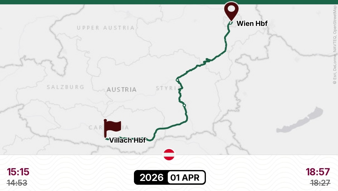 Kartenausschnitt der Bahnstrecke zwischen Wien Hbf und Villach Hbf