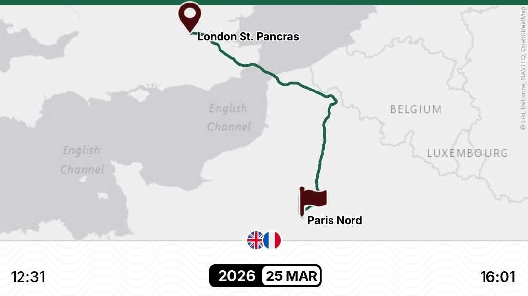 Kartenausschnitt der Bahnstrecke zwischen London St. Pancras und Paris Nord