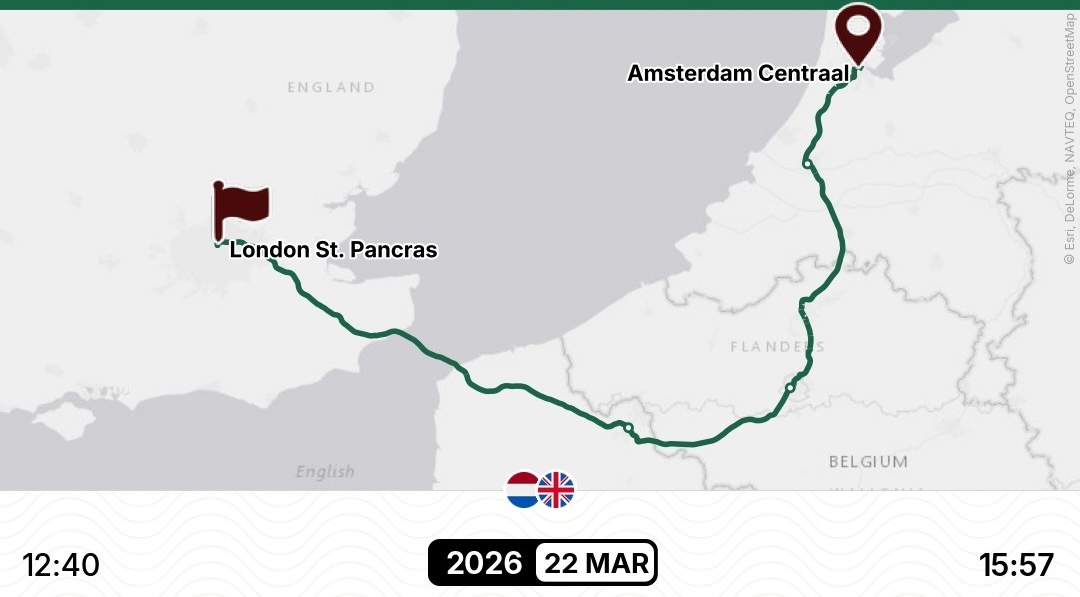 Kartenausschnitt der Bahnstrecke zwischen Amsterdam Centraal und London St. Pancras