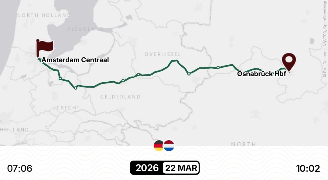 Kartenausschnitt der Bahnstrecke zwischen Osnabrück Hbf und Amsterdam Centraal
