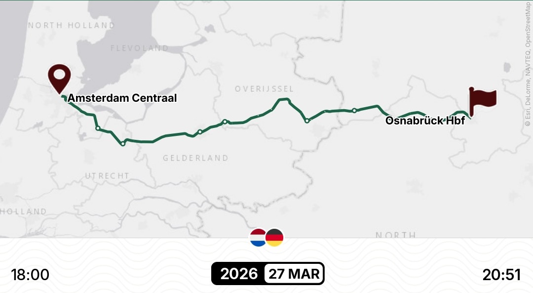 Kartenausschnitt der Bahnstrecke zwischen Amsterdam Centraal und Osnabrück Hbf