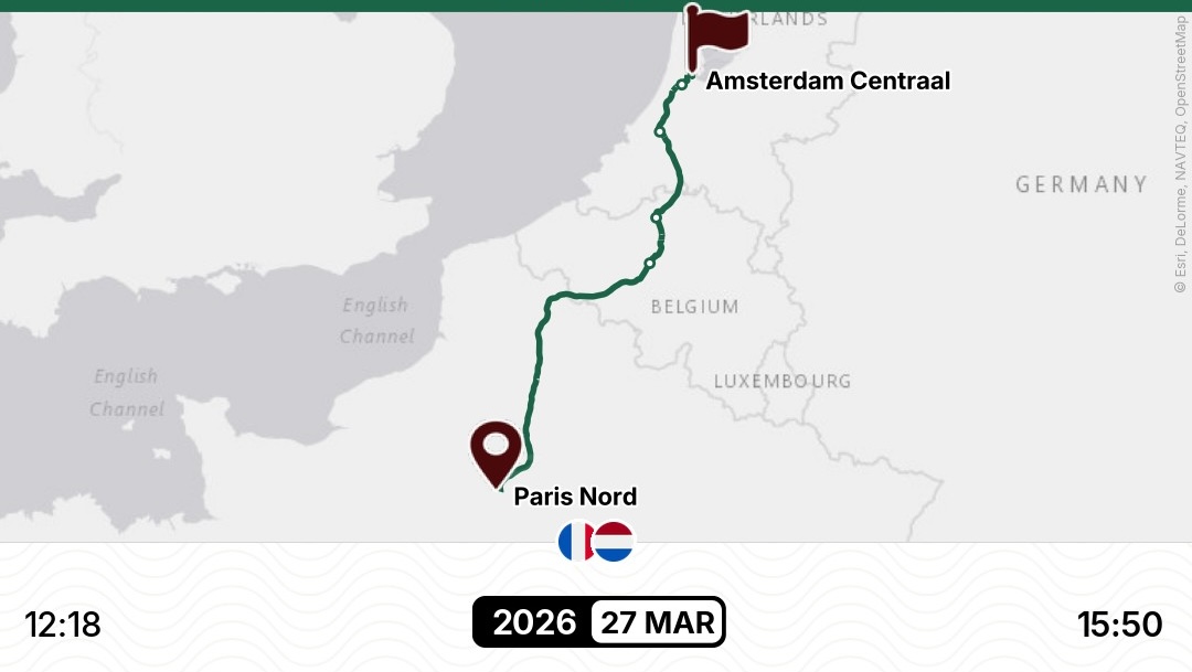Kartenausschnitt der Bahnstrecke zwischen Paris Nord und Amsterdam Centraal
